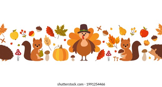 Thanksgiving Seamless Pattern Border. Fall Leaves, Squirrel, Hedgehog, Acorns, Berries, Turkey In A Hat, Pumpkin, Apples, Pears, Porcini Mushroom. Flat Vector Illustration Isolated On White Background