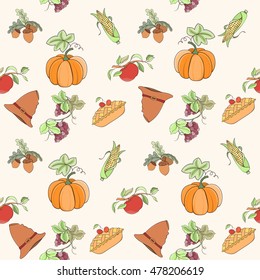 Thanksgiving seamless pattern can be used for wallpaper, website background, wrapping paper. Autumn bright pattern. Holiday design of pumpkin, apple, pie, corn, hat, grapes, acorn