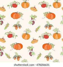 Thanksgiving seamless pattern can be used for wallpaper, website background, wrapping paper. Autumn bright pattern. Holiday design of pumpkin, apple, pie, corn, hat, grapes, acorn
