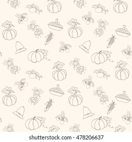 Thanksgiving seamless pattern can be used for wallpaper, website background, wrapping paper. Autumn bright pattern. Holiday design of pumpkin, apple, pie, corn, hat, grapes, acorn
