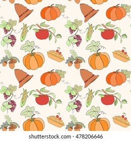 Thanksgiving seamless pattern can be used for wallpaper, website background, wrapping paper. Autumn bright pattern. Holiday design of pumpkin, apple, pie, corn, hat, grapes, acorn