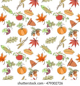 Thanksgiving seamless pattern can be used for wallpaper, website background, wrapping paper. Autumn bright pattern. Holiday design of pumpkin, apple, pie, corn, hat, grapes, acorn