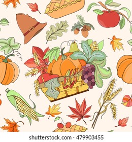Thanksgiving seamless pattern can be used for wallpaper, website background, wrapping paper. Autumn bright pattern. Holiday design of pumpkin, apple, pie, corn, hat, grapes, acorn