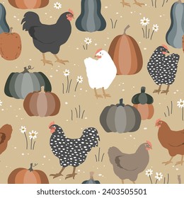 Thanksgiving seamless pattern with chicken, pumpkins, and daisy flowers. Autumn vector background.