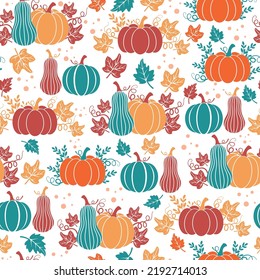 Thanksgiving seamless pattern. Colorful Pumpkins on a white background. Happy Thanksgiving vector pattern. Harvest season. Fall pattern. Autumn design for fabric, paper, cover, interior decor.