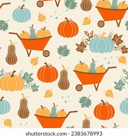 Thanksgiving seamless pattern. Colorful pumpkins on a light background. Harvest season. Happy Thanksgiving vector pattern. Fall pattern. Autumn design for fabric, paper, cover, interior decor.