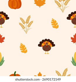 Thanksgiving nahtloses Muster. Mais, Truthahn, Weizen, Kürbis, Blätter