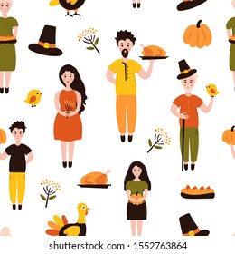 Thanksgiving seamless pattern. Creative wallpaper design of family person icons. Cartoon holiday background.