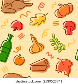 Thanksgiving seamless pattern. Fall pattern: turkey, wine, apple, pumpkin, fall leaves, mushroom. Pattern for thanksgiving day on yellow background. Vector. EPS