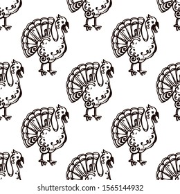 Thanksgiving seamless pattern with hand drawn turkey on white background. Suitable for packaging, wrappers, fabric design