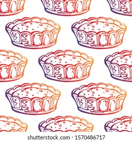 Thanksgiving seamless pattern with hand drawn pumpkin pie on white background. Gradient from orange and deep violet. Suitable for packaging, wrappers, fabric design