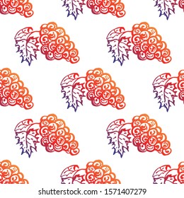 Thanksgiving seamless pattern with hand drawn bunch of grapes on white background. Gradient from orange and deep violet. Suitable for packaging, wrappers, fabric design