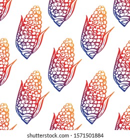 Thanksgiving seamless pattern with hand drawn corn on white background. Gradient from orange and deep violet. Suitable for packaging, wrappers, fabric design