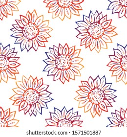 Thanksgiving seamless pattern with hand drawn sunflower on white background. Gradient from orange and deep violet. Suitable for packaging, wrappers, fabric design