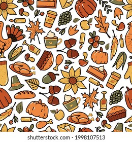 Thanksgiving seamless pattern with hand drawn doodles for wrapping paper, textile prints, scrapbooking, digital paper, sublimation, backgrounds, etc. Autumn, harvest, thanksgiving theme. EPS 10