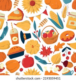 Thanksgiving Seamless Pattern With Hand Drawn Elements For Wrapping Paper, Scrapnooking, Textile Prints, Wallpaper, Backgrounds, Table Cloth, Towels, Packaging, Etc. EPS 10