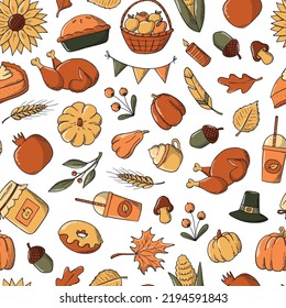 Thanksgiving seamless pattern with hand drawn doodles for wrapping paper, scrapbooking, textile prints, wallpaper, package, etc. EPS 10