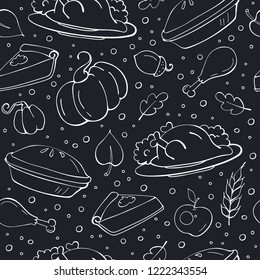 Thanksgiving seamless pattern on chalkboard. Vector pattern with pumpkins, turkey, pie, apple and acorn. Thanksgiving pattern for fabric and wrapping paper.