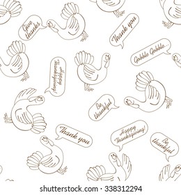 Thanksgiving seamless pattern with outline talking turkey bird. Holiday background. 