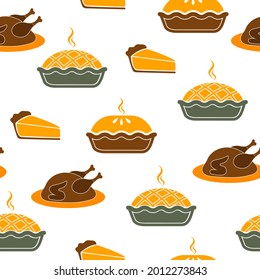 Thanksgiving seamless pattern. Pie and turkey on a white background. Happy Thanksgiving vector pattern. Harvest season. Fall pattern. Autumn design for fabric, paper, cover, interior decor.
