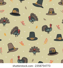 Thanksgiving seamless pattern with pilgrim hats and turkeys