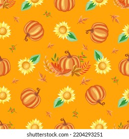 Thanksgiving seamless pattern with pumpkin and autumn leaves and sunflower on a light orange background. Concept for wrapping paper and digital paper design.