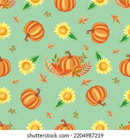 Thanksgiving seamless pattern with pumpkin and autumn foliage and sunflower on a light green background. Concept for wrapping paper and digital paper design.