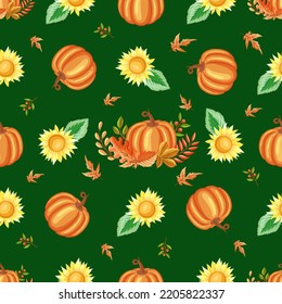 Thanksgiving seamless pattern with pumpkin and autumn leaves and sunflower on a bright green background. Concept for wrapping paper and digital paper design.