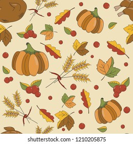 Thanksgiving Seamless Pattern with Pumpkin and Roasted Turkey