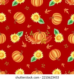 Thanksgiving seamless pattern with pumpkin and sunflower and autumn leaves on a light yellow background. Concept for wrapping paper and digital paper design.