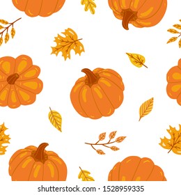 Thanksgiving seamless pattern with pumpkins, leaves. Hand drawn background.