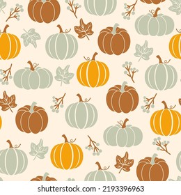 Thanksgiving seamless pattern. Pumpkins on a beige background. Happy Thanksgiving vector pattern. Harvest season. Fall pattern. Autumn design for fabric, paper, cover, interior decor.