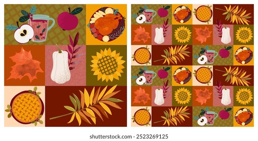 Thanksgiving seamless pattern. Pumpkins, pumpkin pie, roast turkey, sunflower, apples, autumn leaves.