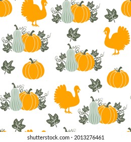Thanksgiving seamless pattern. Pumpkins and turkey on a white background. Happy Thanksgiving vector pattern. Harvest season. Fall pattern. Autumn design for fabric, paper, cover, interior decor.