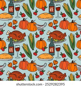 Patrón sin fisuras de Acción de Gracias con calabazas, pavo, hojas de otoño, vino, pastel de calabaza, maíz, salsa de arándanos, sombrero de peregrino. Vector de noviembre dibujado a mano de fondo. Otoño