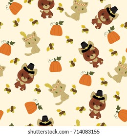 Thanksgiving seamless pattern. Puppy pilgrim and kitten american indian with pumpkins. Vector background