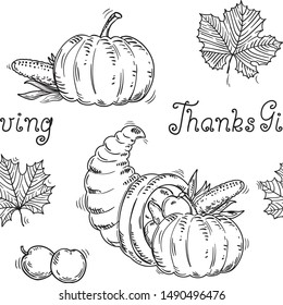 Thanksgiving seamless pattern at retro style. Vector  with hand written text,  many vegetables and leaves on white background