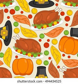 Thanksgiving seamless pattern. Roasted turkey and fresh pumpkin. Pilgrim hat and autumn leaves. Traditional festive ornament. Texture Historic national holiday
