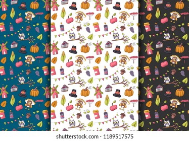 Thanksgiving seamless pattern set. Autumn harvest repeat background. Turkey day backdrop for cover, textile, wrapping paper. Vector illustration.