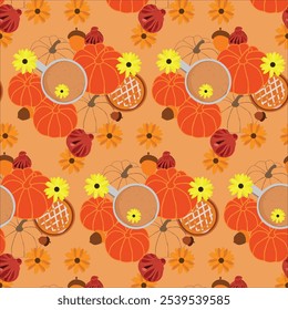 thanksgiving seamless pattern with sunflower tea  and pumpkins . Perfect for seasonal greetings, wallpaper, wrapping paper, fabric. Vector illustration