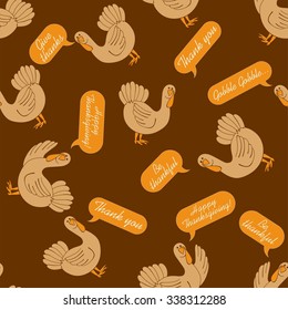 Thanksgiving seamless pattern with talking turkey bird. Holiday background in brown and orange colors. 