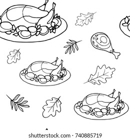 Thanksgiving  seamless pattern with turkey and leaf