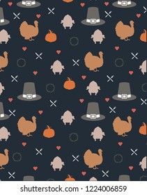 Thanksgiving Seamless Pattern Turkey Pilgrim Pumpkin 