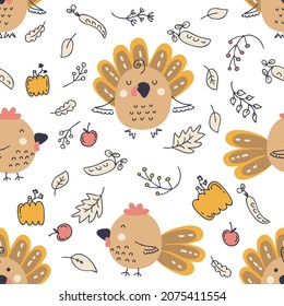 Thanksgiving seamless pattern with turkeys, roosters, pumpkins and autumn leaves. Perfect for T-shirt, postcard, textile and print. Hand drawn vector illustration for decor and design.
