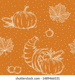 Thanksgiving seamless pattern. 	Vector background with leaves, Cornucopia and pumpkins