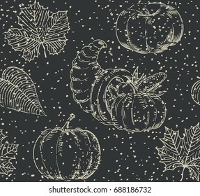 Thanksgiving seamless pattern. Vector background with leaves, Cornucopia and pumpkins