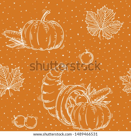 Thanksgiving seamless pattern. 	Vector background with leaves, Cornucopia and pumpkins