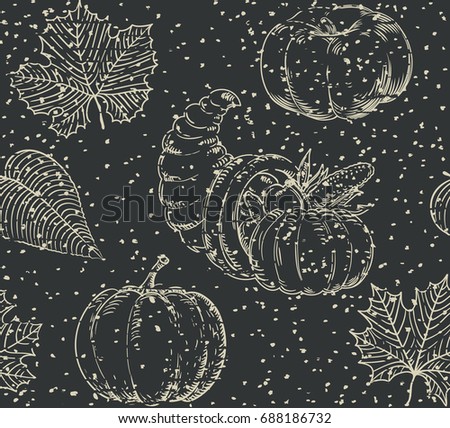 Thanksgiving seamless pattern. Vector background with leaves, Cornucopia and pumpkins
