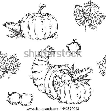 Thanksgiving seamless pattern. Vector  with leaves, Cornucopia and pumpkins on white background