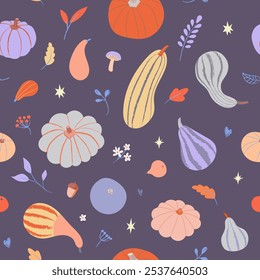 Thanksgiving seamless pattern vector. Trendy Fall elements illustration with colorful pumpkins and leaves on violet background. Vibrant design for autumn season textile and wallpaper